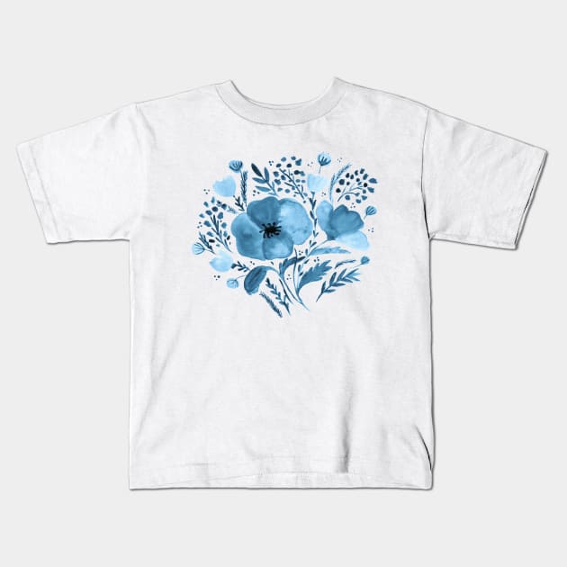 Watercolor poppies bouquet - blue Kids T-Shirt by wackapacka